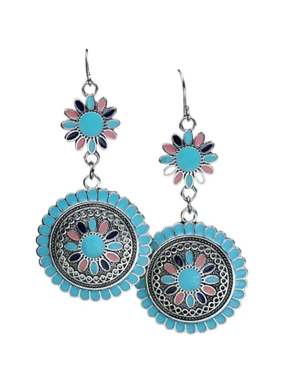 Boho Turquoise & Pink Enamel Mandala Dangle Earrings Silver Tone